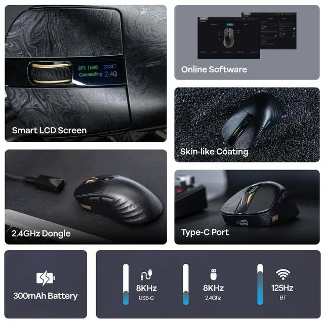 Alt view image 3 of 7 - Carbonis Wireless Gaming Mouse with Digital Display, PAW3950 Sensor, 8K Polling, 30K DPI, Carbon Fiber Composite Shell, Ergonomic Right Hand Esports Mouse for PC Gaming (Black)