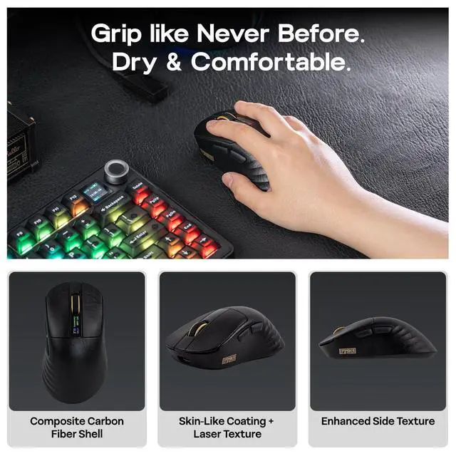 Alt view image 6 of 7 - Carbonis Wireless Gaming Mouse with Digital Display, PAW3950 Sensor, 8K Polling, 30K DPI, Carbon Fiber Composite Shell, Ergonomic Right Hand Esports Mouse for PC Gaming (Black)
