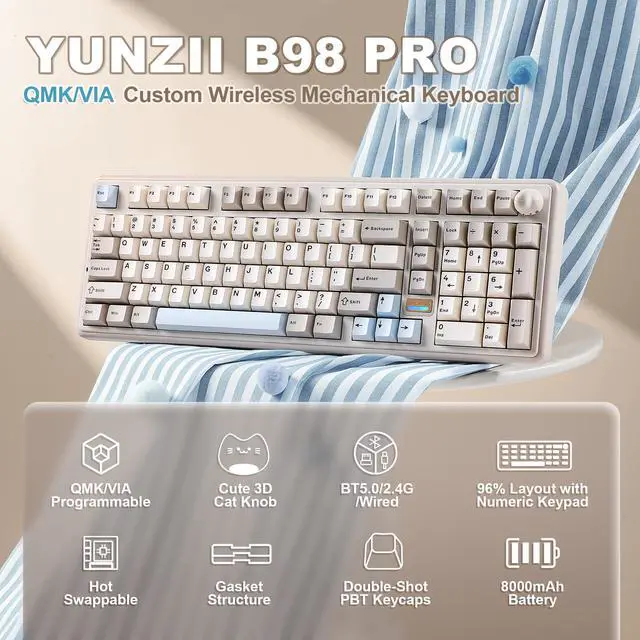 Alt view image 2 of 7 - B98 PRO QMK/VIA Wireless Mechanical Gaming Keyboard,96% Layout with Numpad and Cute Cat Knob, BT/2.4G/USB-C,Linear Switch Hot Swap Gasket,RGB for Win/Mac (Beige, Candy Linear Switch)