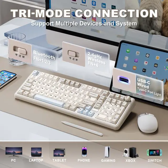 Alt view image 3 of 7 - B98 PRO QMK/VIA Wireless Mechanical Gaming Keyboard,96% Layout with Numpad and Cute Cat Knob, BT/2.4G/USB-C,Linear Switch Hot Swap Gasket,RGB for Win/Mac (Beige, Candy Linear Switch)