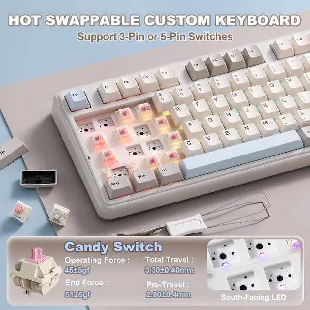 Alt view image 6 of 7 - B98 PRO QMK/VIA Wireless Mechanical Gaming Keyboard,96% Layout with Numpad and Cute Cat Knob, BT/2.4G/USB-C,Linear Switch Hot Swap Gasket,RGB for Win/Mac (Beige, Candy Linear Switch)