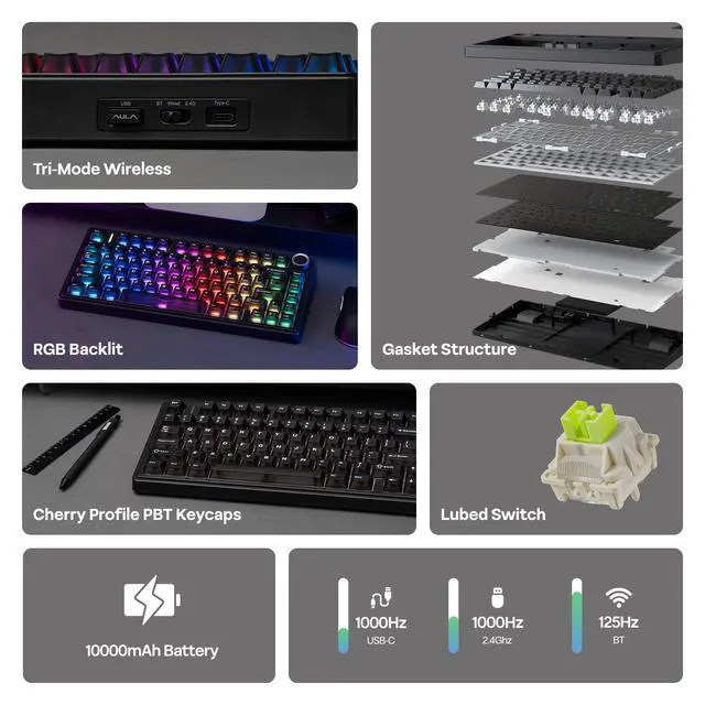 Alt view image 3 of 7 - x Aula F75 Ultra Wireless Gaming Keyboard with Knob, 10000mAh, Hot Swap, RGB, PBT Keycap, Creamy Sound, VIA, 75% Mechanical Keyboard for Win/Mac (Black, Reaper)