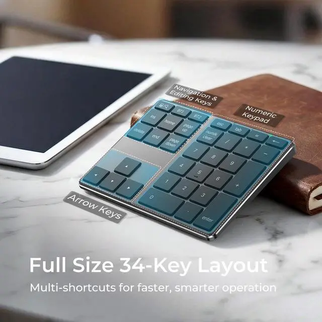 Alt view image 3 of 7 - Bluetooth Number Pad, Aluminum 34-Key Wireless Numeric Keypad, USB-C Rechargeable Numpad Keyboard for Data Entry and Accounting, Compatible with Laptop, Mac, Surface Pro, PC Desktop
