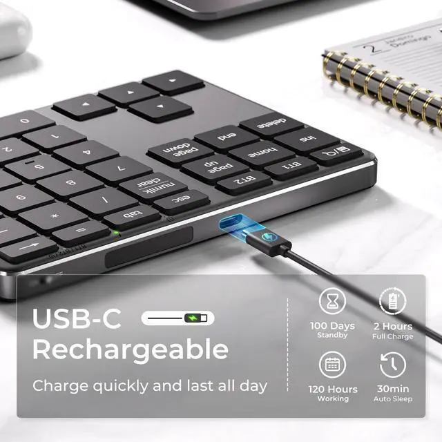 Alt view image 5 of 7 - Bluetooth Number Pad, Aluminum 34-Key Wireless Numeric Keypad, USB-C Rechargeable Numpad Keyboard for Data Entry and Accounting, Compatible with Laptop, Mac, Surface Pro, PC Desktop