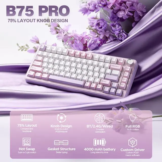Alt view image 2 of 6 - B75 PRO Wireless Mechanical Keyboard,75% Layout with Knob,Hot Swap Gasket Custom Structure,Creamy Pre-lubed Switches,RGB Backlit,Bluetooth/Type-C/2.4G for Win/Mac(Cocoa Cream V2 Switch,Purple)