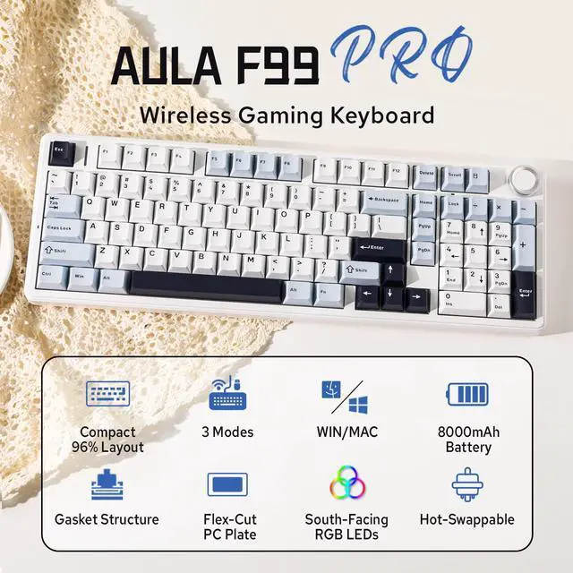 Alt view image 2 of 7 - Aula F99 PRO 96% Mechanical Gaming Keyboard, BT5.0/USB-C/2.4GHz Wireless, Hot Swappable Gasket Custom Keyboard with 8000mAH Battery, Rotary Knob, RGB Backlit for Win/Mac (White Blue)