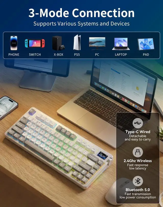 Alt view image 3 of 7 - Aula NOVA75 Wireless Mechanical Keyboard,75% Gasket Mount Tri-Mode Custom Keyboard with 1.14" Smart TFT Screen & Knob,Carbon Fiber Style,8000mAh, Hot Swap Seiya Switch,White