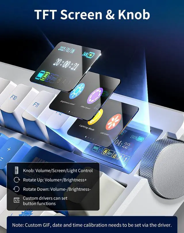 Alt view image 4 of 7 - Aula NOVA75 Wireless Mechanical Keyboard,75% Gasket Mount Tri-Mode Custom Keyboard with 1.14" Smart TFT Screen & Knob,Carbon Fiber Style,8000mAh, Hot Swap Seiya Switch,White