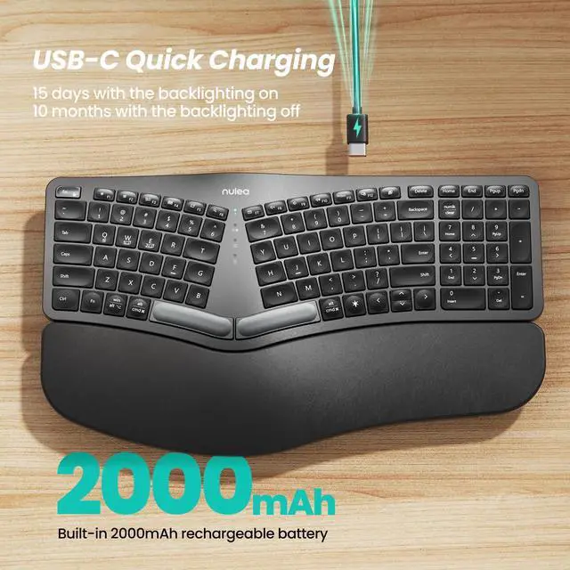 Alt view image 3 of 7 - RT05 Wireless Ergonomic Keyboard, Split Keyboard with Wrist Rest, USB-C Charging, 7-Color Backlight, Natural Typing, Bluetooth and USB Connectivity, Compatible with Windows,Mac