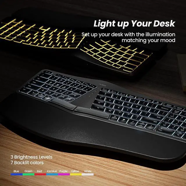 Alt view image 6 of 7 - RT05 Wireless Ergonomic Keyboard, Split Keyboard with Wrist Rest, USB-C Charging, 7-Color Backlight, Natural Typing, Bluetooth and USB Connectivity, Compatible with Windows,Mac