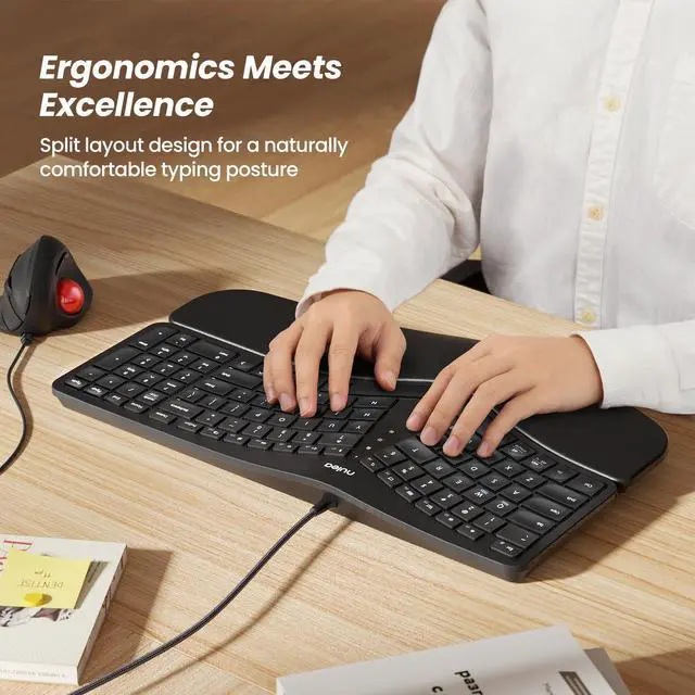 Alt view image 2 of 7 - RT05C Wired Ergonomic Keyboard, Split Keyboard with Cushioned Wrist Rest, Adjustable Tilt Legs, Plug and Play, USB Corded, Compatible with Windows/Mac