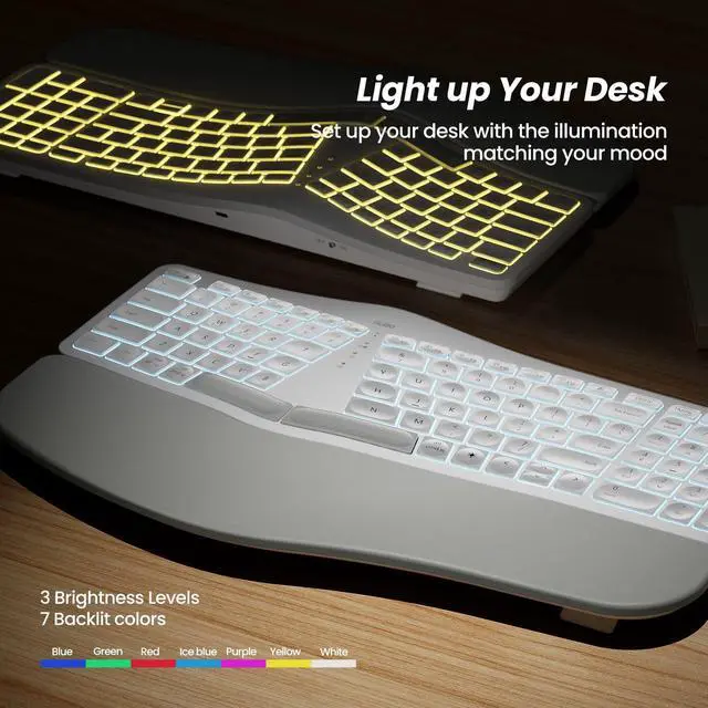 Alt view image 3 of 7 - RT05 Wireless Ergonomic Keyboard, Split Keyboard with Wrist Rest, USB-C Charging, 7-Color Backlight, Natural Typing, Bluetooth and USB Connectivity, Compatible with Windows,Mac