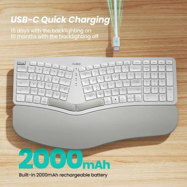 Alt view image 5 of 7 - RT05 Wireless Ergonomic Keyboard, Split Keyboard with Wrist Rest, USB-C Charging, 7-Color Backlight, Natural Typing, Bluetooth and USB Connectivity, Compatible with Windows,Mac