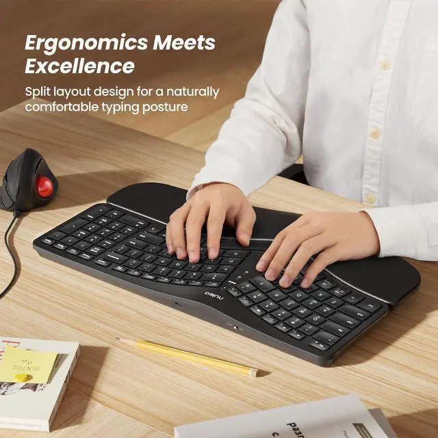 Alt view image 2 of 7 - Wireless Ergonomic Keyboard, Split Keyboard with Cushioned Wrist Rest, Bluetooth and USB Connectivity, USB-C Rechargeable, Compatible with Windows Mac(Black)