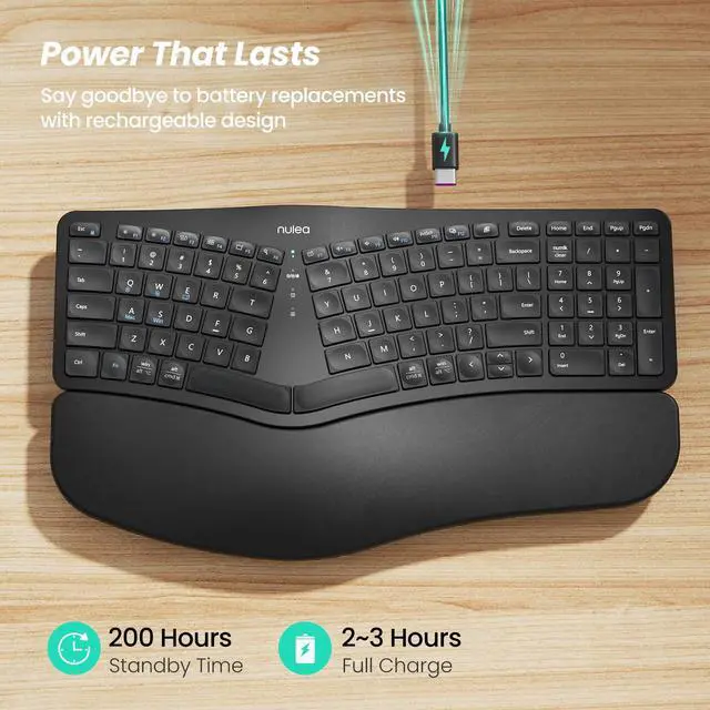 Alt view image 3 of 7 - Wireless Ergonomic Keyboard, Split Keyboard with Cushioned Wrist Rest, Bluetooth and USB Connectivity, USB-C Rechargeable, Compatible with Windows Mac(Black)