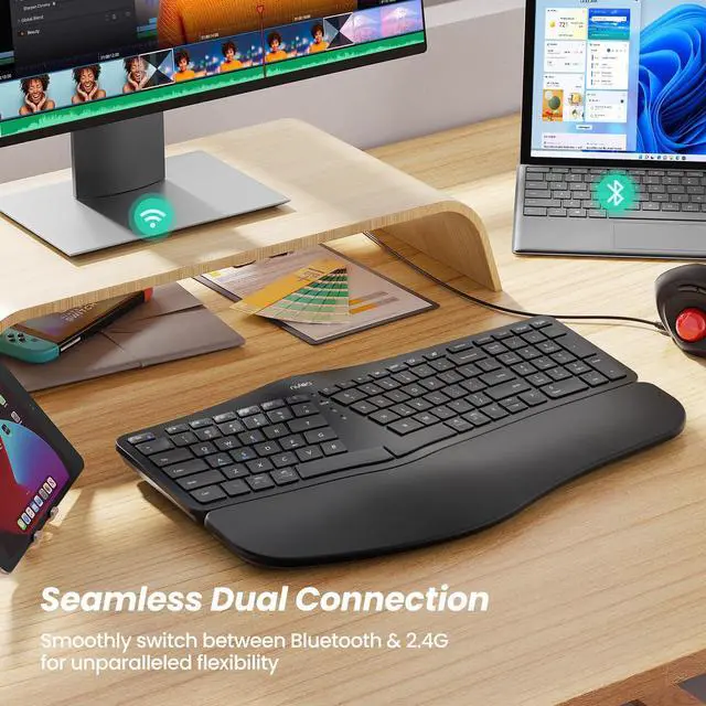 Alt view image 6 of 7 - Wireless Ergonomic Keyboard, Split Keyboard with Cushioned Wrist Rest, Bluetooth and USB Connectivity, USB-C Rechargeable, Compatible with Windows Mac(Black)