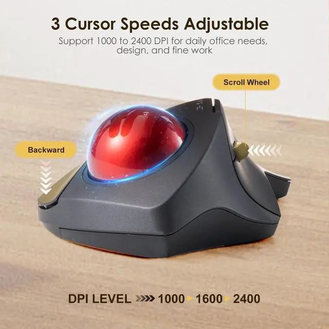 Alt view image 4 of 7 - Bluetooth 5.1 + 2.4 G Wireless Ergonomic Trackball Mouse, Finger Control Roller Ball Mouse, 3 Device Switch, Silent Programmable Buttons, 1000/1600/2400 DPl, Compatible with PC, Windows, MacOS