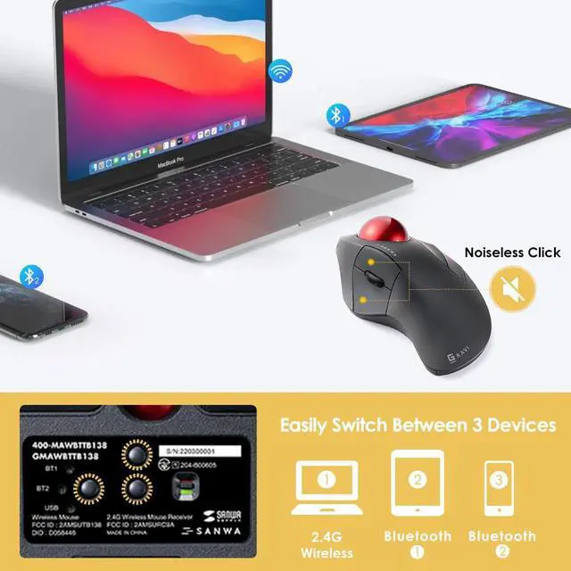 Alt view image 5 of 7 - Bluetooth 5.1 + 2.4 G Wireless Ergonomic Trackball Mouse, Finger Control Roller Ball Mouse, 3 Device Switch, Silent Programmable Buttons, 1000/1600/2400 DPl, Compatible with PC, Windows, MacOS