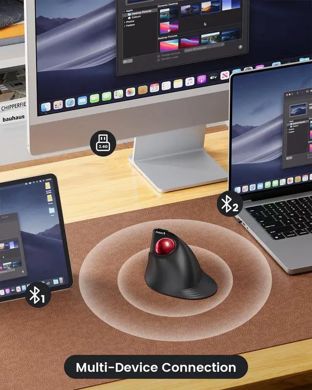 Alt view image 4 of 7 - Vertical Wireless Trackball Mouse, EM05 NL Bluetooth Ergonomic Rollerball Mouse Rechargeable Computer Laptop Thumb Mice, 3 Device Connection, Compatible with iPad, Mac, Windows, PC-Red