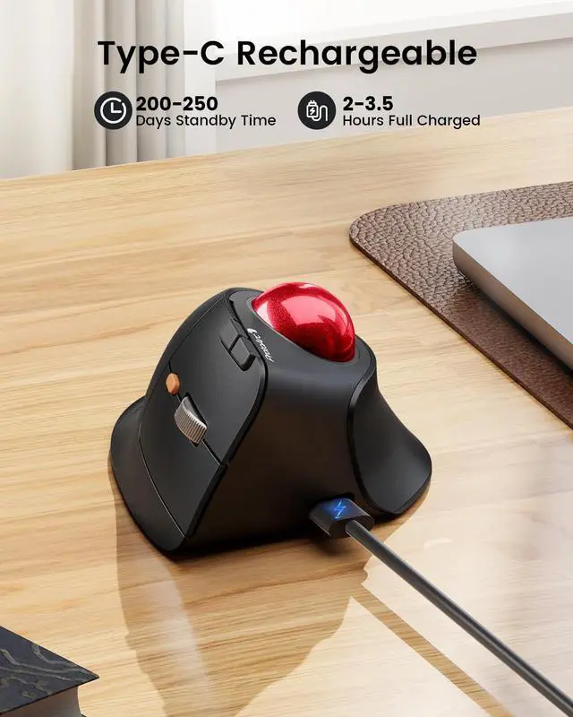 Alt view image 7 of 7 - Vertical Wireless Trackball Mouse, EM05 NL Bluetooth Ergonomic Rollerball Mouse Rechargeable Computer Laptop Thumb Mice, 3 Device Connection, Compatible with iPad, Mac, Windows, PC-Red