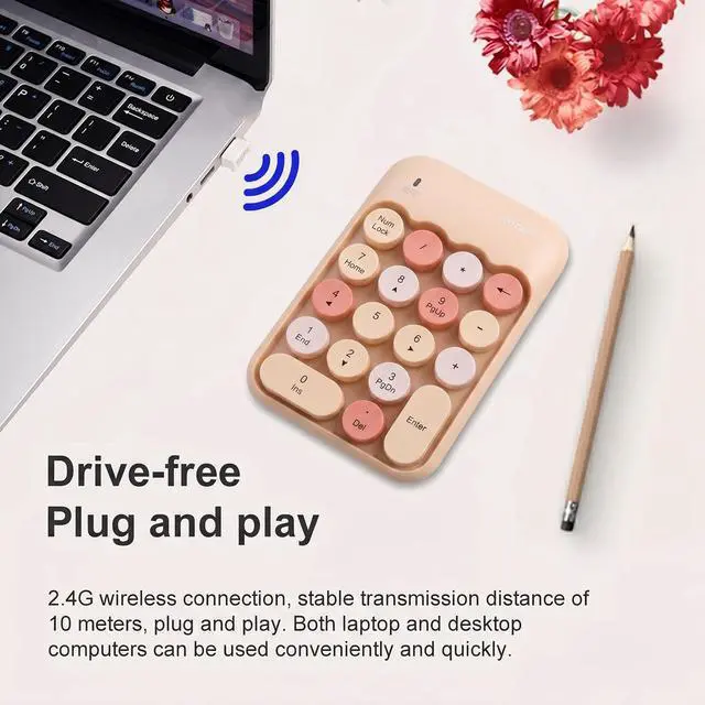 Alt view image 4 of 7 - Cute Wireless Number Keypad with 2.4G USB Receiver, 18 Colorful Round Keys Numpad, Portable Financial Accounting Numeric Keyboard, Suitable for PC, Laptop (Milk Tea)