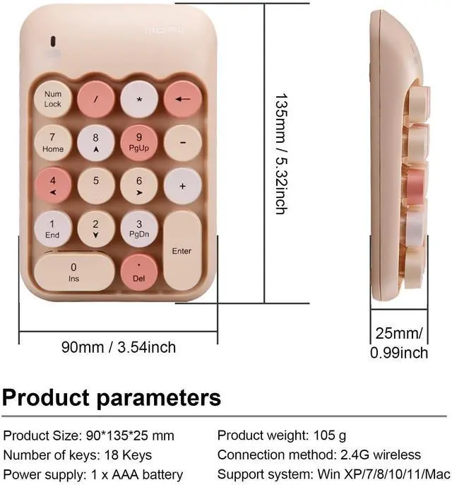 Alt view image 6 of 7 - Cute Wireless Number Keypad with 2.4G USB Receiver, 18 Colorful Round Keys Numpad, Portable Financial Accounting Numeric Keyboard, Suitable for PC, Laptop (Milk Tea)