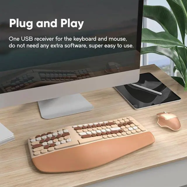 Alt view image 5 of 7 - Wireless Ergonomic Keyboard and Mouse Combo with PU Wrist Rest, Carpal Tunnel Keyboard, 2.4G Colorful Split Ergo Keyboard, Comfortable Natural Typing, Compatible with PC/Laptop (Milk Tea)