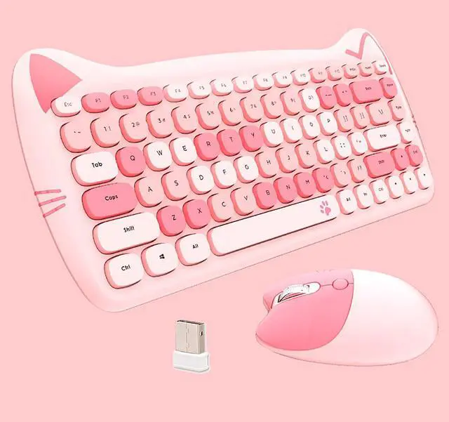 Main image of Cute Cat 2.4G USB Wireless Keyboard and Mouse Combo, Silent Keys, Candy Colors, Compatible with Notebook, PC (Pink-84Keys)
