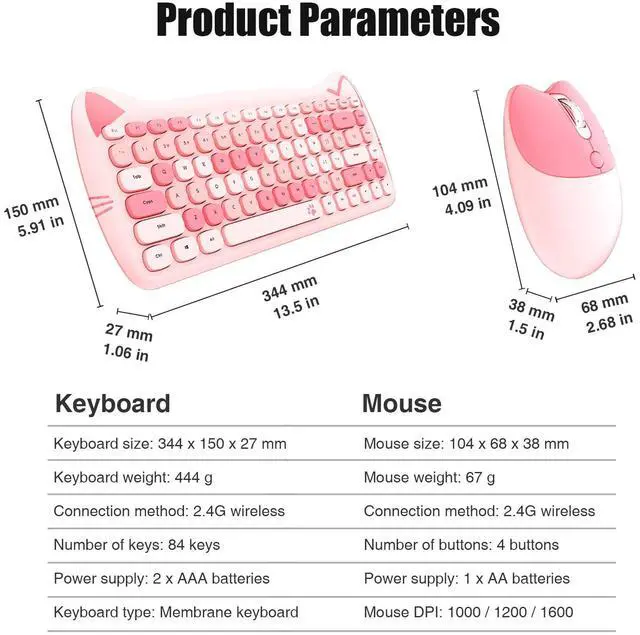 Alt view image 6 of 7 - Cute Cat 2.4G USB Wireless Keyboard and Mouse Combo, Silent Keys, Candy Colors, Compatible with Notebook, PC (Pink-84Keys)