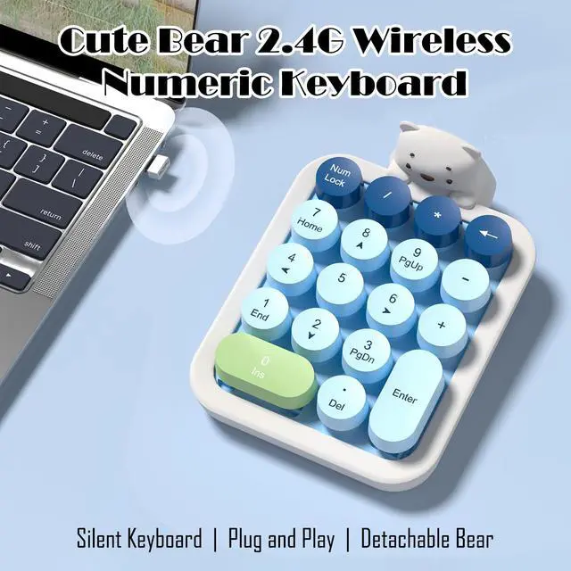 Alt view image 3 of 7 - Wireless Number Keypad with Cute Silicone Bear, 18 Colorful Round Keys Numpad, 2.4G USB Wireless Connection, Portable Financial Accounting Numeric Keyboard, Suitable for PC, Laptop (Blue)