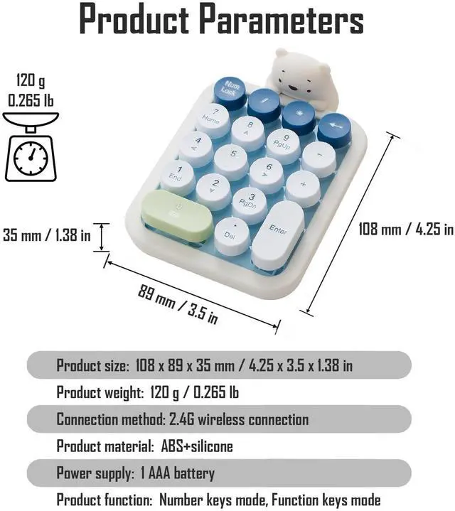 Alt view image 6 of 7 - Wireless Number Keypad with Cute Silicone Bear, 18 Colorful Round Keys Numpad, 2.4G USB Wireless Connection, Portable Financial Accounting Numeric Keyboard, Suitable for PC, Laptop (Blue)