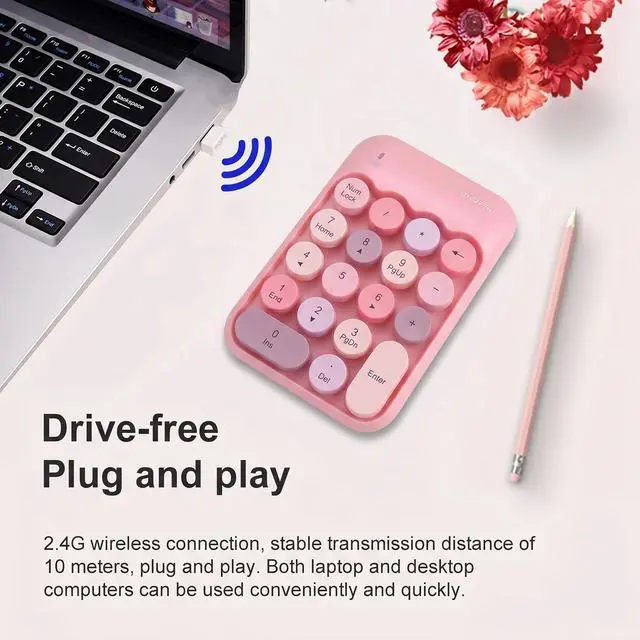 Alt view image 4 of 7 - Cute Wireless Number Keypad with 2.4G USB Receiver, 18 Colorful Round Keys Numpad, Portable Financial Accounting Numeric Keyboard, Suitable for PC, Laptop (Pink)