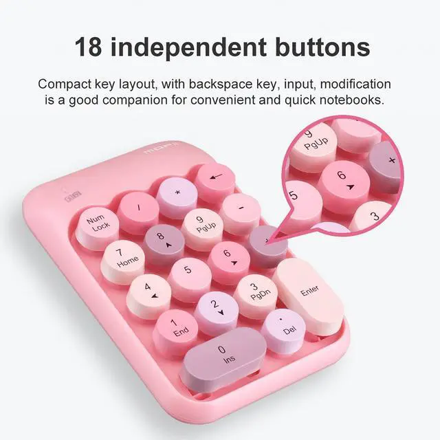 Alt view image 5 of 7 - Cute Wireless Number Keypad with 2.4G USB Receiver, 18 Colorful Round Keys Numpad, Portable Financial Accounting Numeric Keyboard, Suitable for PC, Laptop (Pink)