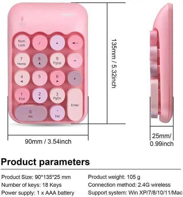 Alt view image 6 of 7 - Cute Wireless Number Keypad with 2.4G USB Receiver, 18 Colorful Round Keys Numpad, Portable Financial Accounting Numeric Keyboard, Suitable for PC, Laptop (Pink)