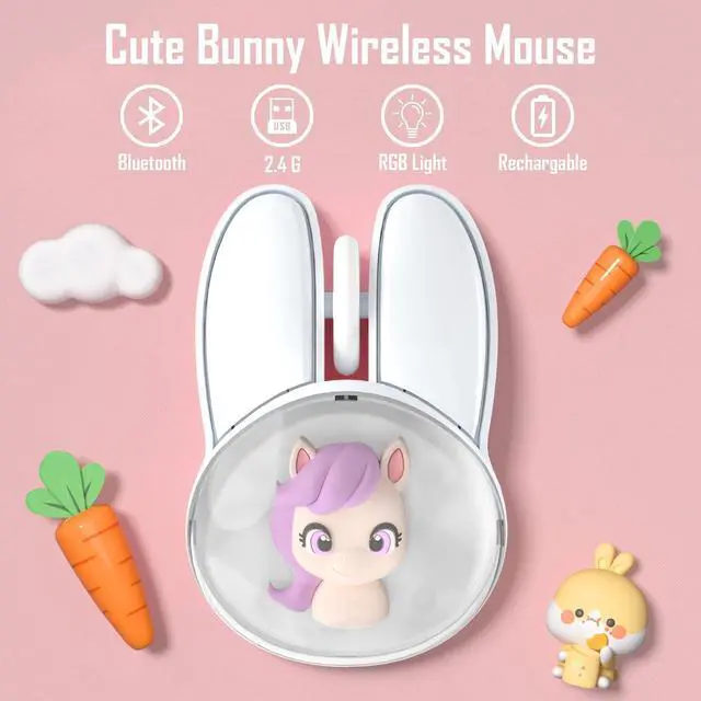 Alt view image 2 of 7 - Cute Bunny Wireless Mouse, Bluetooth/2.4G Dual Mode, Candy Colors, RGB Breathing Light, 400mAh Rechargeable, Kawaii Soundless Rabbit Mouse for Girls and Kids (White Pony)