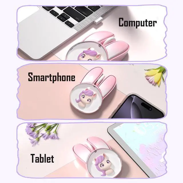 Alt view image 5 of 7 - Cute Bunny Wireless Mouse, Bluetooth/2.4G Dual Mode, Candy Colors, RGB Breathing Light, 400mAh Rechargeable, Kawaii Soundless Rabbit Mouse for Girls and Kids (White Pony)