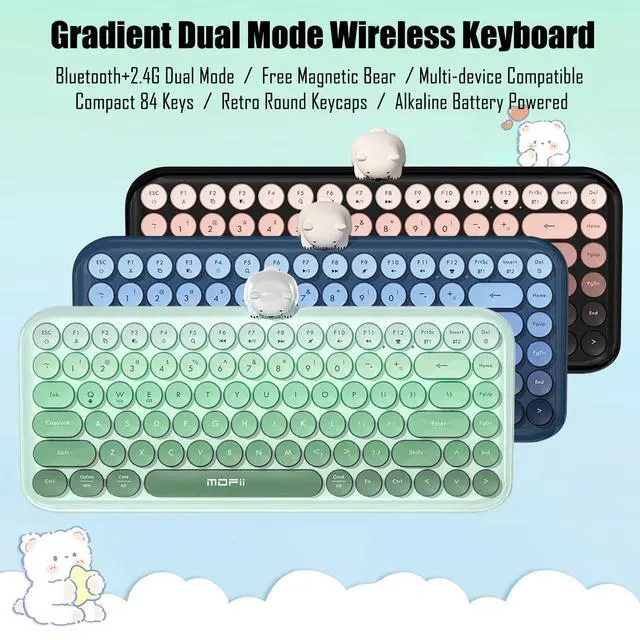 Alt view image 2 of 7 - Colorful Wireless Keyboard with Magnetic Bear, Bluetooth/2.4G Dual Mode, Compact TKL Quiet Membrane Keyboard, Cute Gradient Retro Round Keycaps, Compatible with PC/Laptop/Tablet/Smartphone (Green)