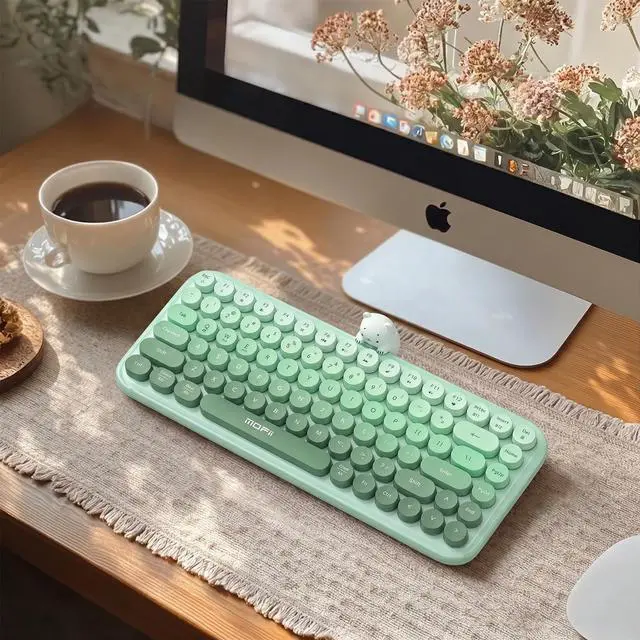 Alt view image 3 of 7 - Colorful Wireless Keyboard with Magnetic Bear, Bluetooth/2.4G Dual Mode, Compact TKL Quiet Membrane Keyboard, Cute Gradient Retro Round Keycaps, Compatible with PC/Laptop/Tablet/Smartphone (Green)