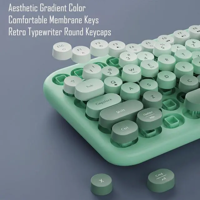 Alt view image 5 of 7 - Colorful Wireless Keyboard with Magnetic Bear, Bluetooth/2.4G Dual Mode, Compact TKL Quiet Membrane Keyboard, Cute Gradient Retro Round Keycaps, Compatible with PC/Laptop/Tablet/Smartphone (Green)