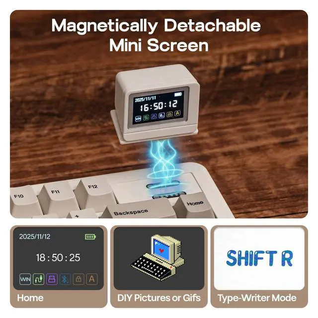 Alt view image 3 of 7 - RT82 Wireless Mechanical Keyboard with Screen, VIA Custom, 2.4GHz/USB-C/BT5.0, RGB Backlit, Gasket, 5-Paddings, PBT Keycaps, Hot-Swap Retro Gaming Keyboard (Creamy Jade)