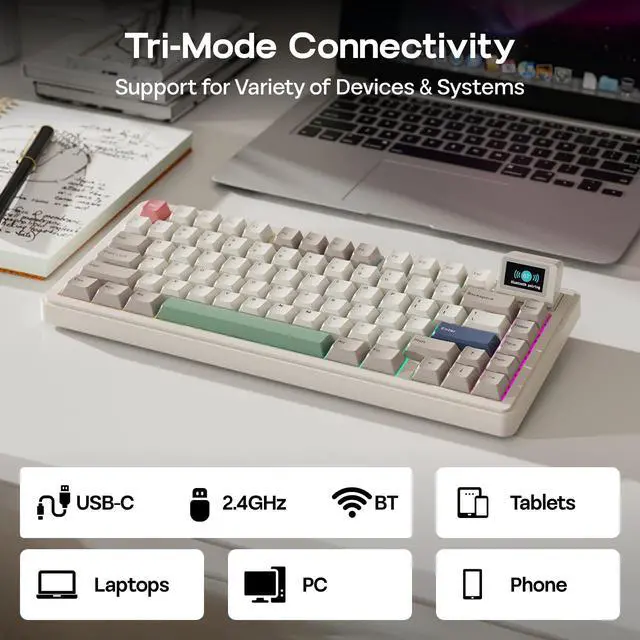 Alt view image 4 of 7 - RT82 Wireless Mechanical Keyboard with Screen, VIA Custom, 2.4GHz/USB-C/BT5.0, RGB Backlit, Gasket, 5-Paddings, PBT Keycaps, Hot-Swap Retro Gaming Keyboard (Creamy Jade)