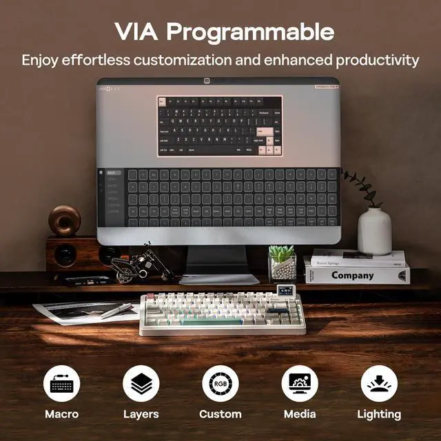 Alt view image 7 of 7 - RT82 Wireless Mechanical Keyboard with Screen, VIA Custom, 2.4GHz/USB-C/BT5.0, RGB Backlit, Gasket, 5-Paddings, PBT Keycaps, Hot-Swap Retro Gaming Keyboard (Creamy Jade)