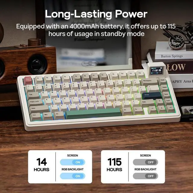 Alt view image 6 of 7 - RT82 Wireless Mechanical Keyboard with Screen, VIA Custom, 2.4GHz/USB-C/BT5.0, RGB Backlit, Gasket, 5-Paddings, PBT Keycaps, Hot-Swap Retro Gaming Keyboard (Creamy Jade)