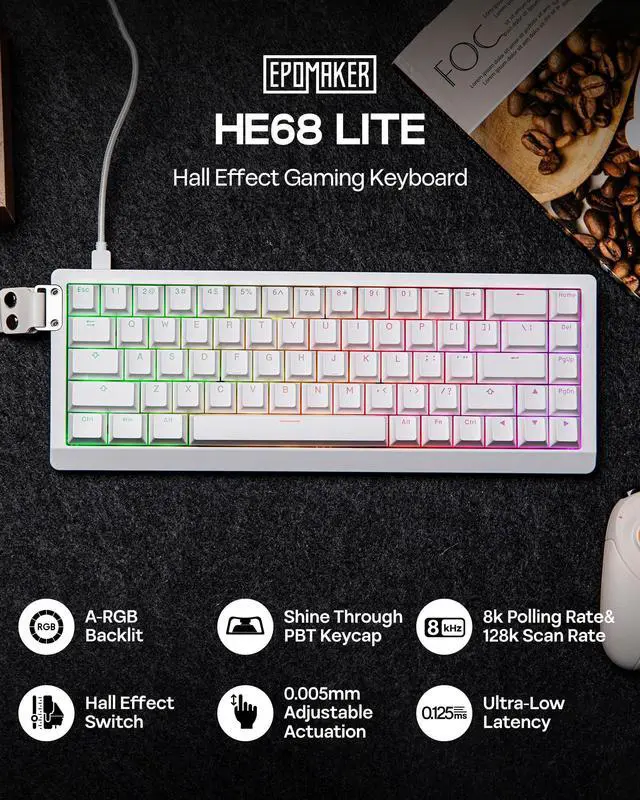Alt view image 2 of 7 - HE68 Lite Hall Effect Gaming Keyboard, 8k Polling & 128K Scan Rate, 0.01mm Adjustable Trigger, 0.125ms Latency, 5-Layer Sound-Dampened, Snap Key, SOCD, A-RGB, Wired, Mac Software (White)