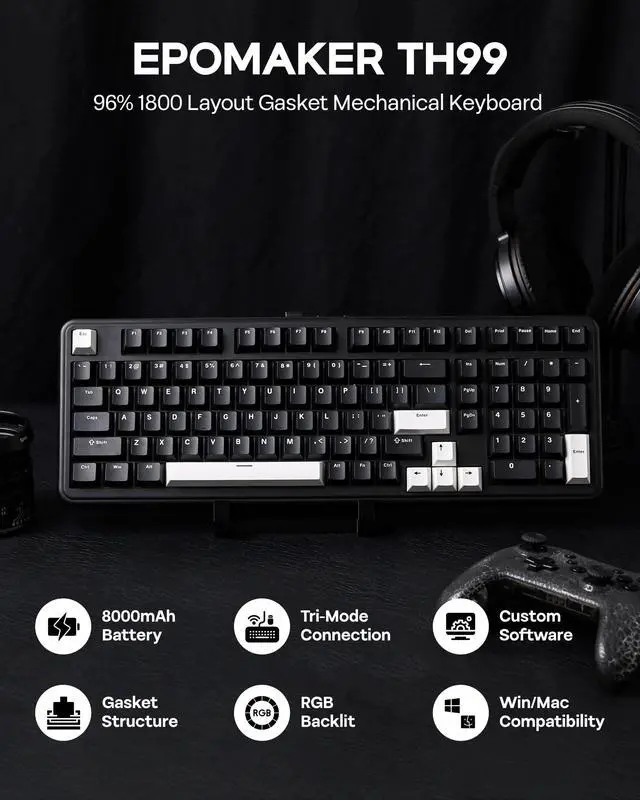 Alt view image 2 of 7 - TH99 Tri-Mode Wireless Mechanical Keyboard with 8000mAh Battery, Hot Swappable Custom RGB Gaming Keyboard with Numpad, Gasket Creamy for PC/Mac/Office (Black, Creamy Jade)