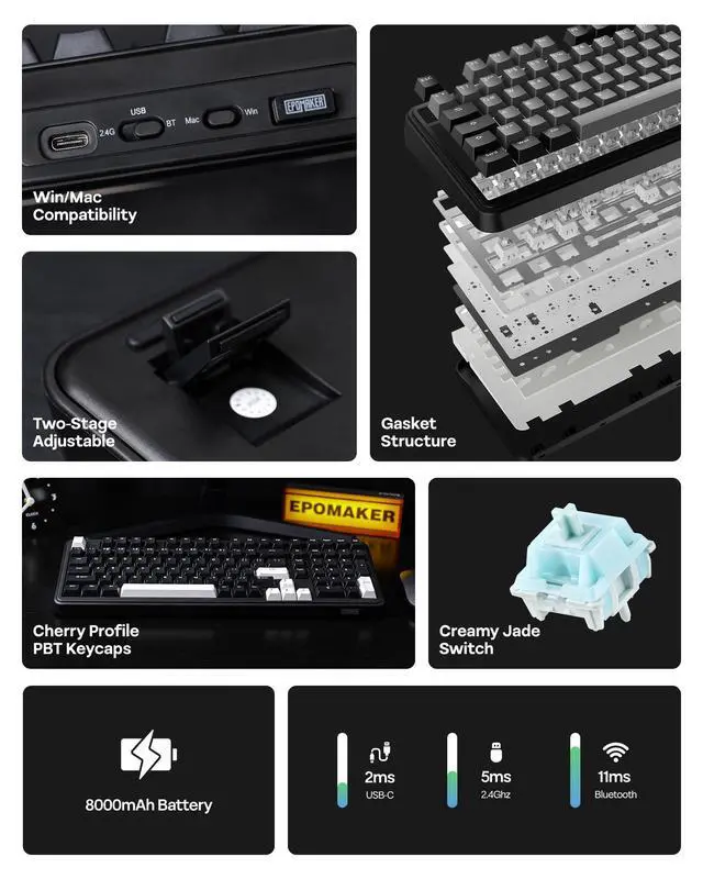 Alt view image 3 of 7 - TH99 Tri-Mode Wireless Mechanical Keyboard with 8000mAh Battery, Hot Swappable Custom RGB Gaming Keyboard with Numpad, Gasket Creamy for PC/Mac/Office (Black, Creamy Jade)