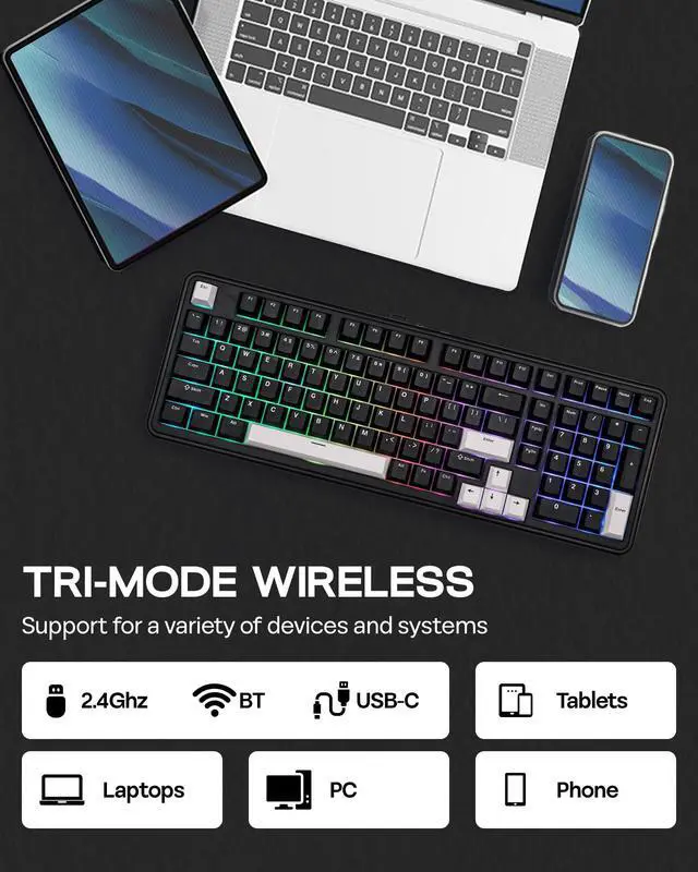 Alt view image 4 of 7 - TH99 Tri-Mode Wireless Mechanical Keyboard with 8000mAh Battery, Hot Swappable Custom RGB Gaming Keyboard with Numpad, Gasket Creamy for PC/Mac/Office (Black, Creamy Jade)