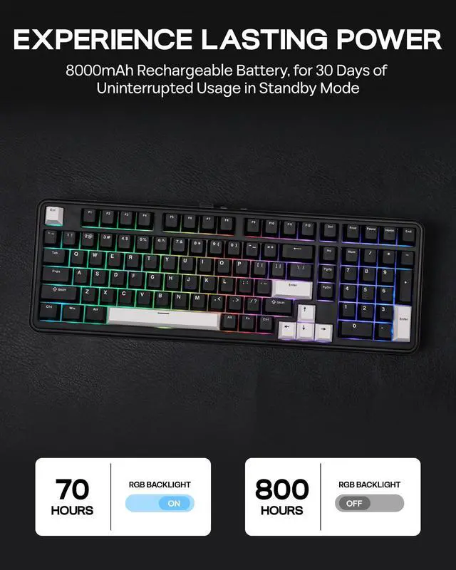 Alt view image 5 of 7 - TH99 Tri-Mode Wireless Mechanical Keyboard with 8000mAh Battery, Hot Swappable Custom RGB Gaming Keyboard with Numpad, Gasket Creamy for PC/Mac/Office (Black, Creamy Jade)
