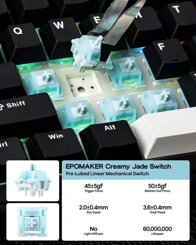 Alt view image 6 of 7 - TH99 Tri-Mode Wireless Mechanical Keyboard with 8000mAh Battery, Hot Swappable Custom RGB Gaming Keyboard with Numpad, Gasket Creamy for PC/Mac/Office (Black, Creamy Jade)