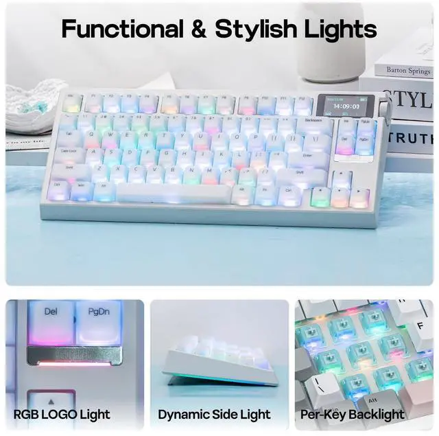 Alt view image 5 of 7 - G84 PRO Wireless Gaming Keyboard with Screen&Knob, 75% Creamy Mechanical Keyboard, 8000mAh, Hot Swappable, Silicone Keycaps, BT5.0/2.4G/USB-C Mode, NKRO, RGB (White, Creamy Jade Switch)